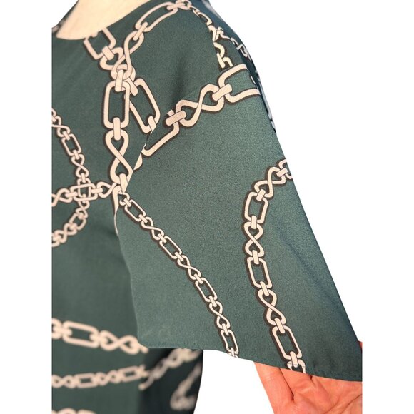 Ann Taylor Elegant Top XS Green White Chain Luxury Print Blouse Short Sleeve - Picture 5 of 11